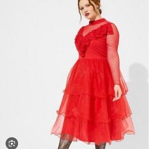Torrid Beetlejuice Lydia Midi Stretch Challis Mesh Tiered Dress